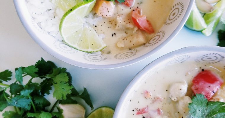 Warming Green Curry w/ Chicken, Sweet Potato & Peppers (w/ vegetarian + vegan options)