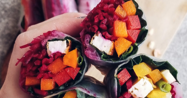 Beet and tofu spring rolls w/ a creamy peanut + almond sauce (vegan, gf)